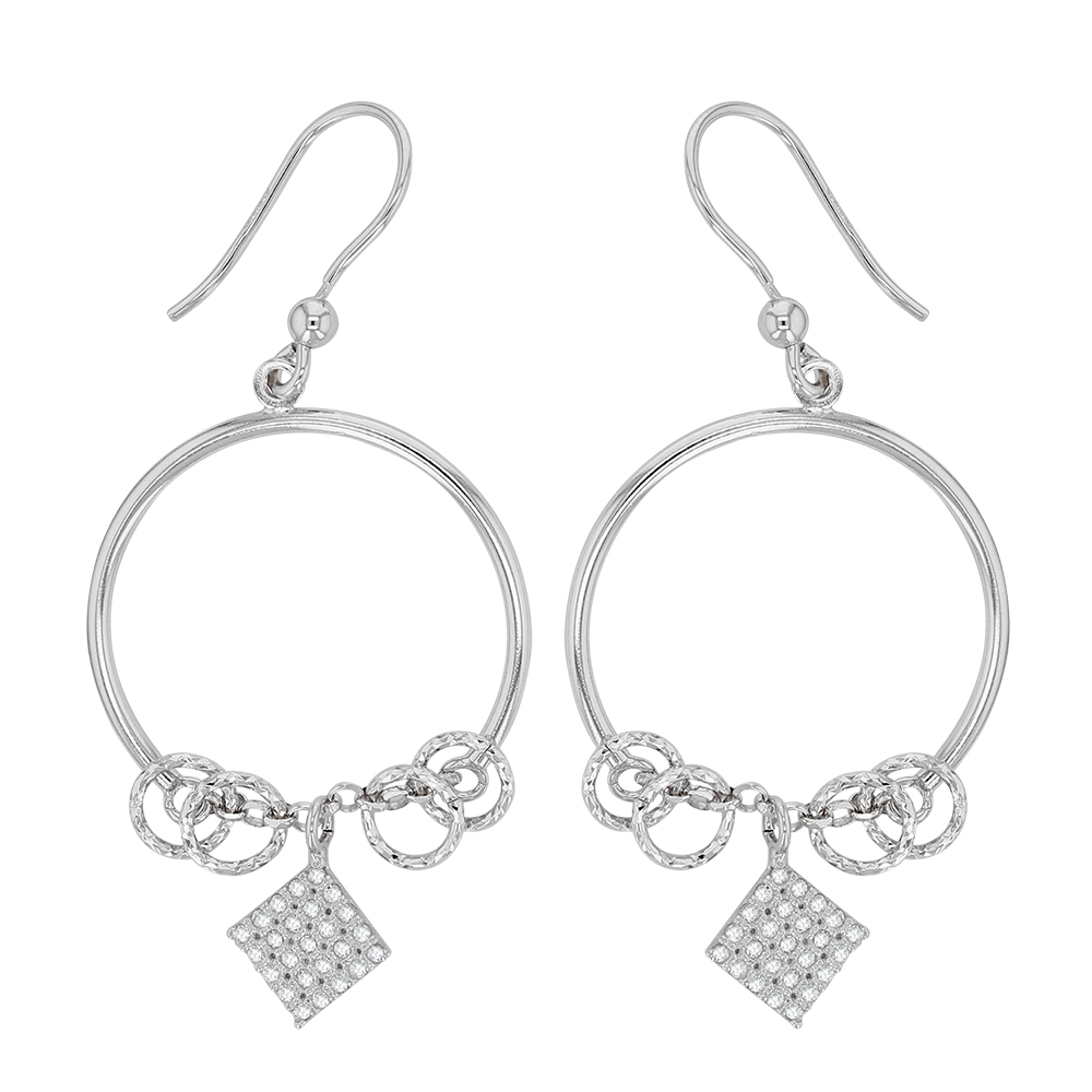 Boucles d'oreilles argent 925/1000 rhodié avec petits cercles diamantés et oxydes de zirconium