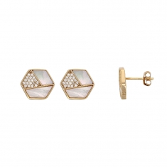 Boucles d'oreilles MADRE PERLA hexagone en Argent doré 925/1000 avec oxydes de zirconium et nacre