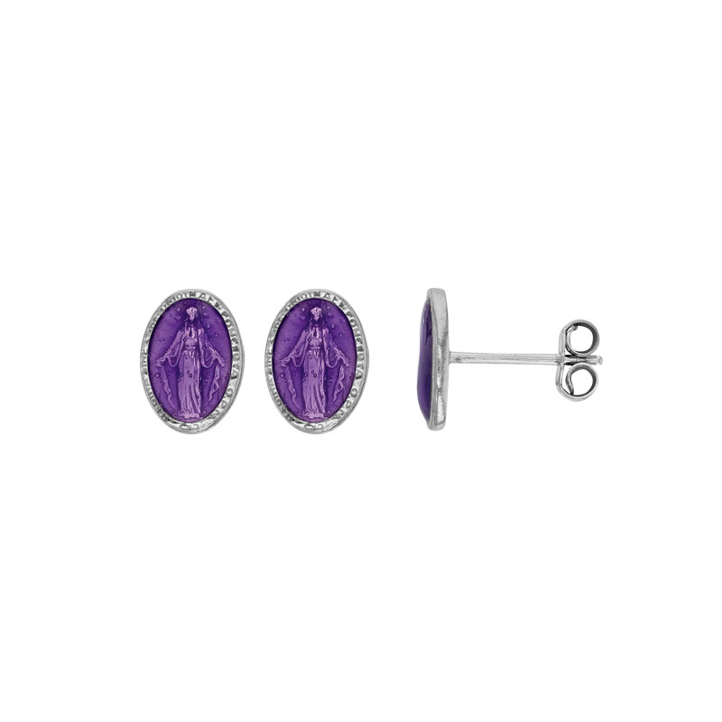 Boucles d'oreilles puces en argent 925/1000 rhodié GYPSY MARIA Madone violet avec émail