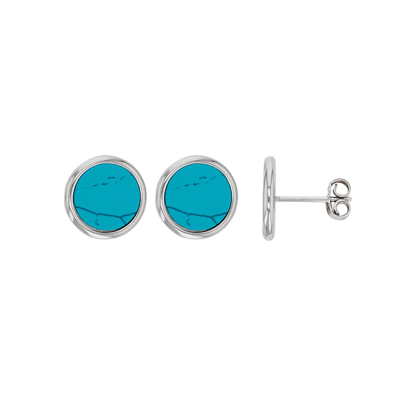 Boucles d'oreilles style puces en argent 925/1000 rhodié forme ronde avec turquoise reconstituée