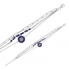 Bracelet 3 rangs rond oeil résine bleue, perles lapis-lazuli, argent 925/1000 rhodié