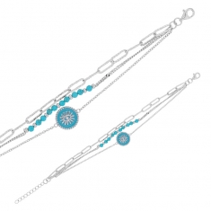 Bracelet 3 rangs rond oeil résine bleue, perles lapis-lazuli, argent 925/1000 rhodié