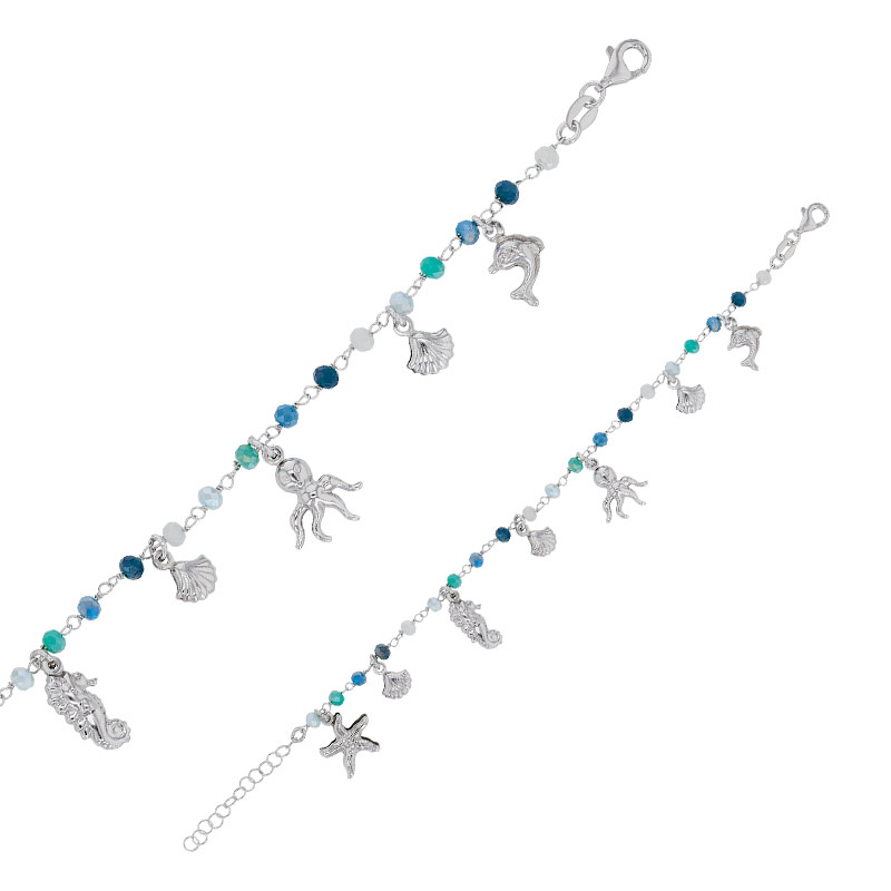 Bracelet animaux de la mer et coquillages argent 925/1000 rhodié et cristaux de couleur