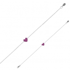Bracelet coeur pavé de pierres synthétiques rose fuchsia, argent 925/1000 rhodié