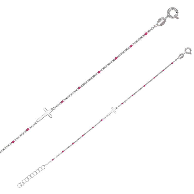 Bracelet GYPSY MARIA en Argent 925/1000 rhodié avec croix et perles en émail rose