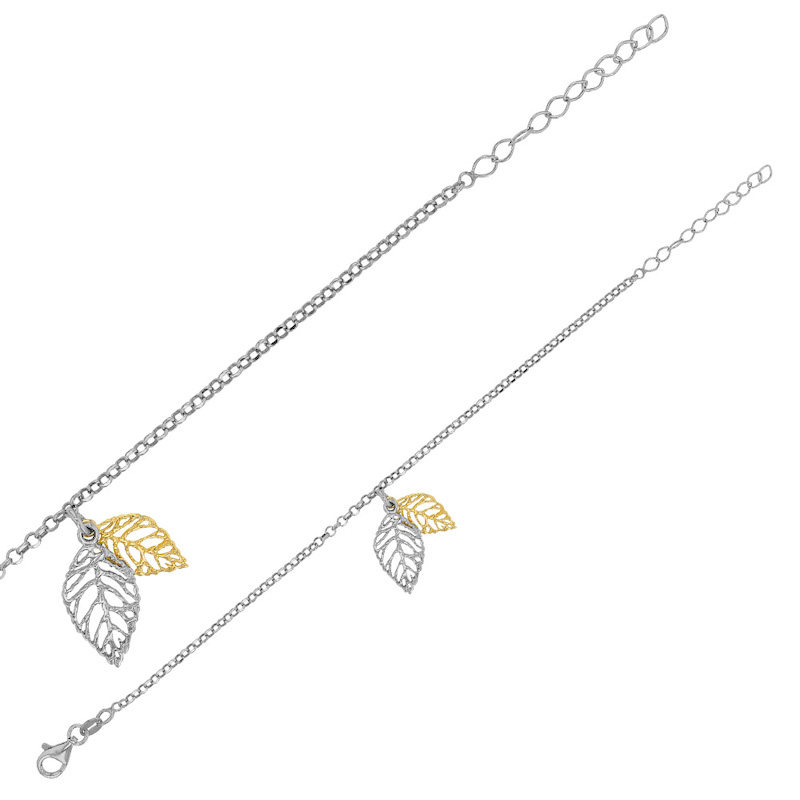 Bracelet INDIANA pendants feuilles en argent 925/1000 rhodié et argent 925/1000 doré