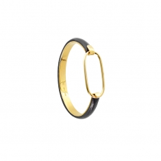 Bracelet jonc ovale ajouré en argent doré 925/1000 et cuir de bovin noir