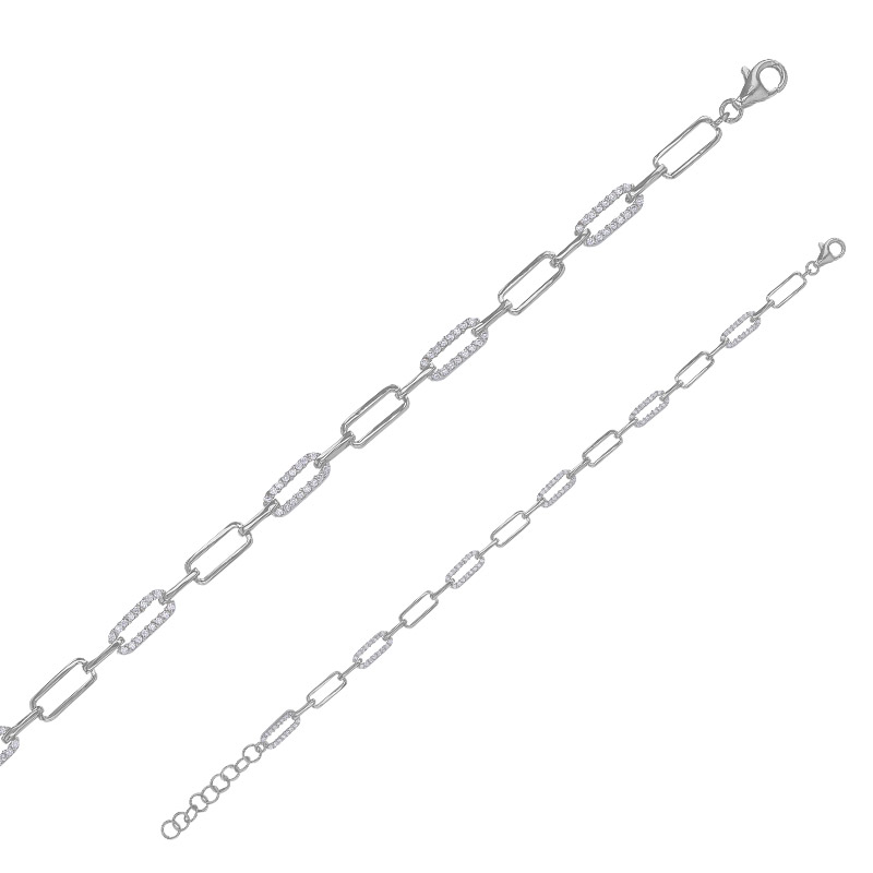 Bracelet maille rectangle ornée d'oxydes et lisses, argent 925/1000 rhodié