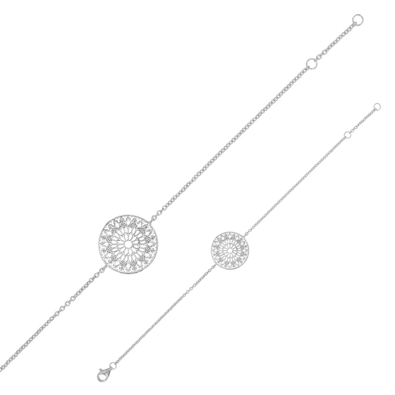 Bracelet motif mandala ajouré, argent 925/1000 rhodié