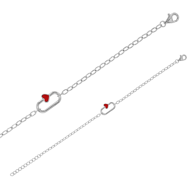 Bracelet ovale coeur en résine rouge, argent 925/1000 rhodié