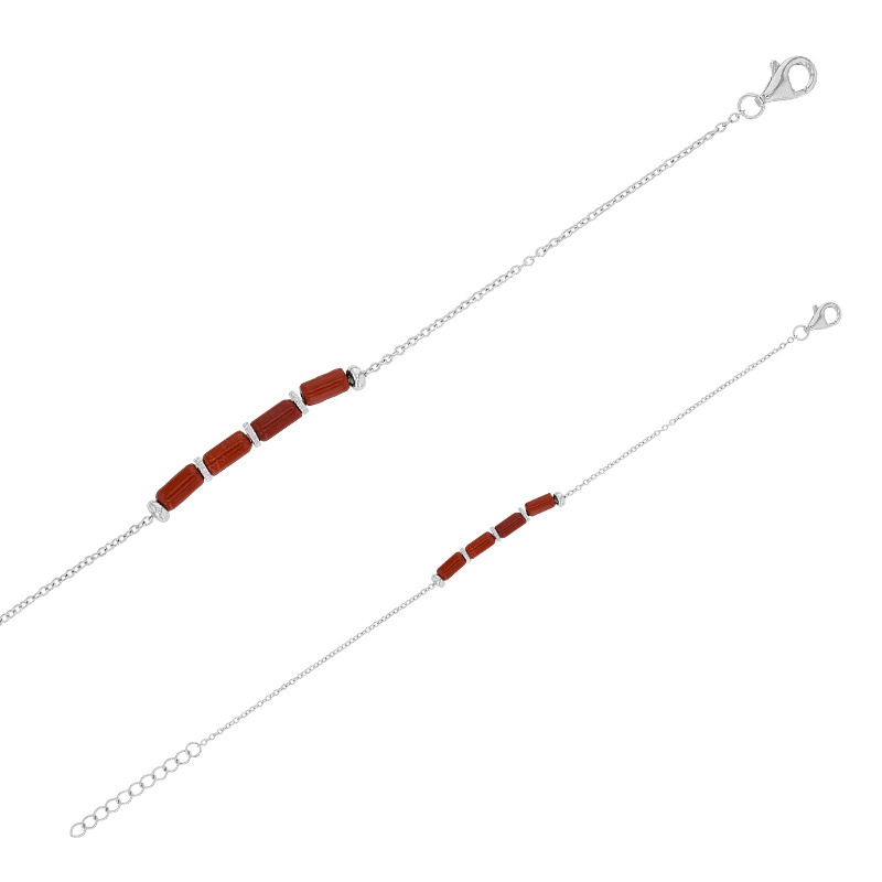 Bracelet 4 tubes jaspe rouge, perles, argent 925/1000 rhodié