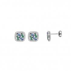 Boucles d'oreilles en Argent 925/1000 rhodié motif carré avec oxydes zirconium teintés bleu et vert