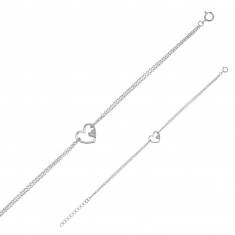 Bracelet 2 rangs forme coeur orné de 3 oxydes, argent 925/1000 rhodié