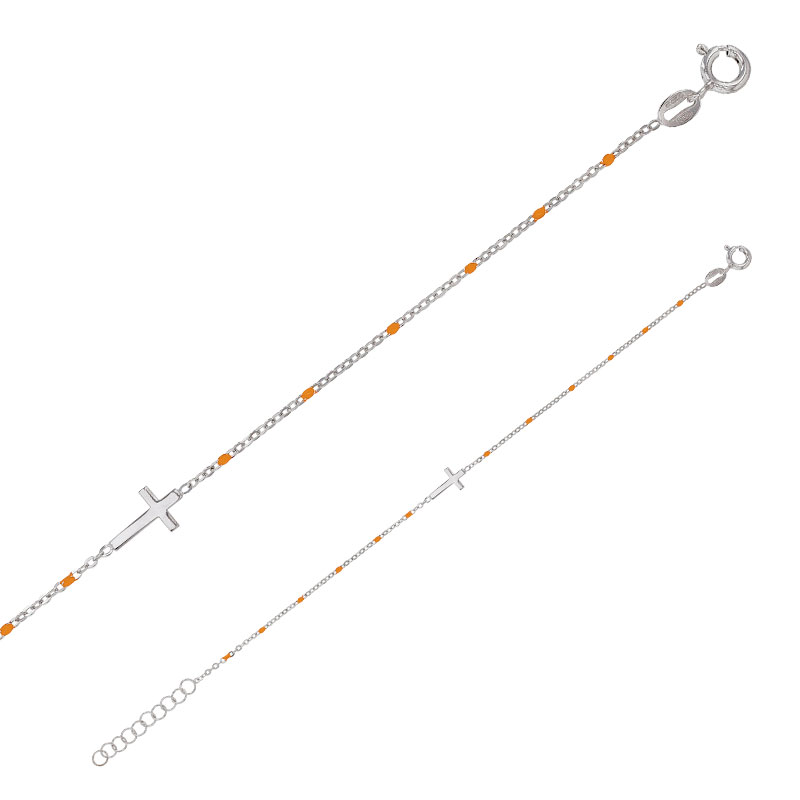 Bracelet GYPSY MARIA en Argent 925/1000 rhodié avec croix et perles en émail orange
