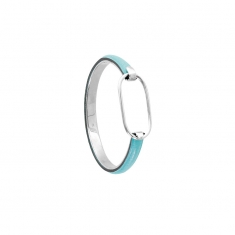 Bracelet jonc ovale ajouré en argent rhodié 925/1000 et cuir de bovin bleu turquoise