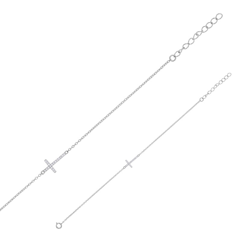 Bracelet croix sertie d'oxydes, argent 925/1000 rhodié