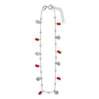 Chaîne de cheville argent 925/1000 platiné avec coeurs et perles de verre rouges
