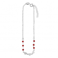 Chaîne de cheville coeurs et perles de verre rouges, argent 925/1000 platiné