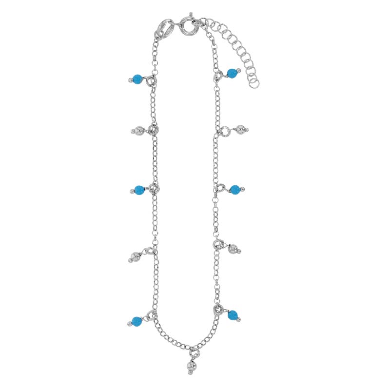 Chaîne de cheville perles de verre bleu et argent 925/1000 rhodié