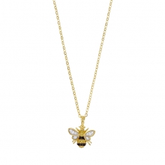 Collier abeille ornée d'oxydes blancs et de couleurs, spinelles noirs, argent 925/1000 doré