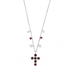 Collier argent 925/1000 rhodié GYPSY MARIA croix avec cristaux rouges et perles