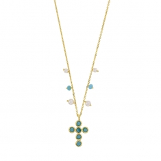 Collier argent 925/1000 rhodié GYPSY MARIA croix avec oxydes de zirconium turquoise et perles