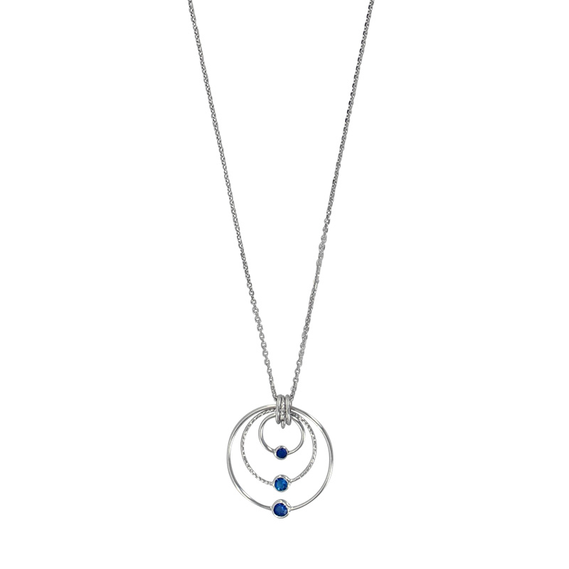 Collier argent 925/1000 rhodié avec 3 cercles ornés de cristaux bleus