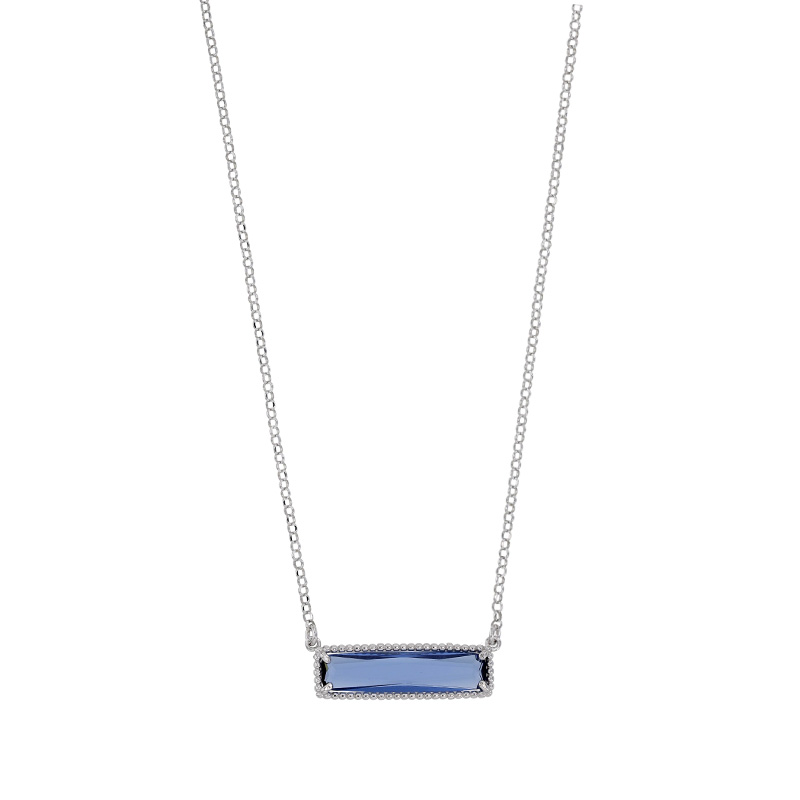 Collier argent 925/1000 rhodié avec rectangle en verre bleu