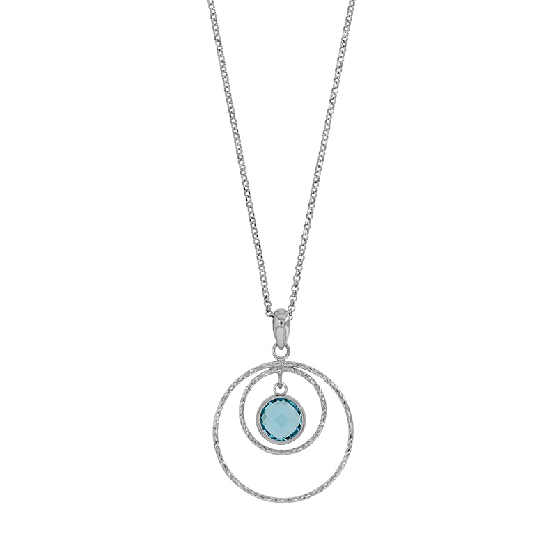 Collier argent 925/1000 rhodié en cercles diamantés orné d'un cristal bleu