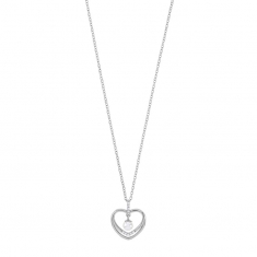 Collier coeur ajouré orné d'une perle de culture d'eau douce et d'oxydes, argent 925/1000 rhodié