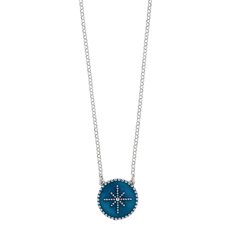 Collier en argent 925/1000 rhodié avec rond en émail bleu métallisé avec étoile