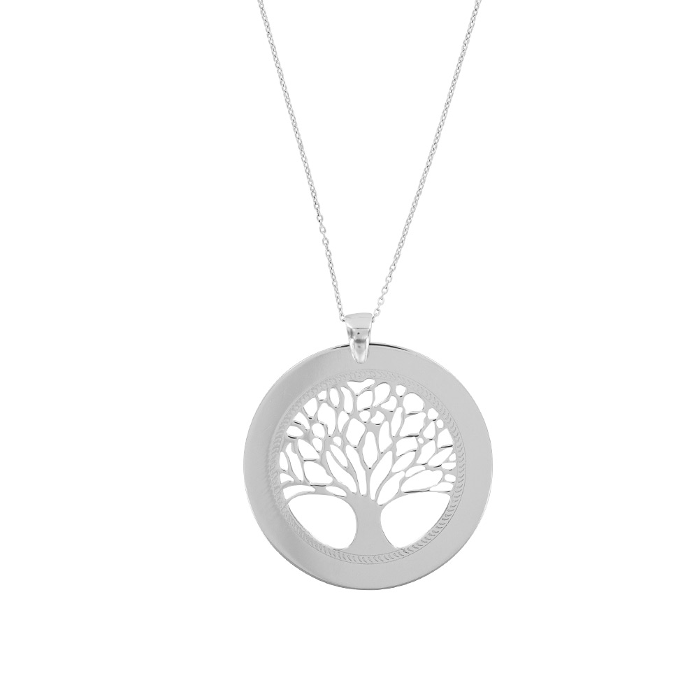 Collier pendentif rond motif arbre ajouré avec large cercle en argent rhodié 925/1000