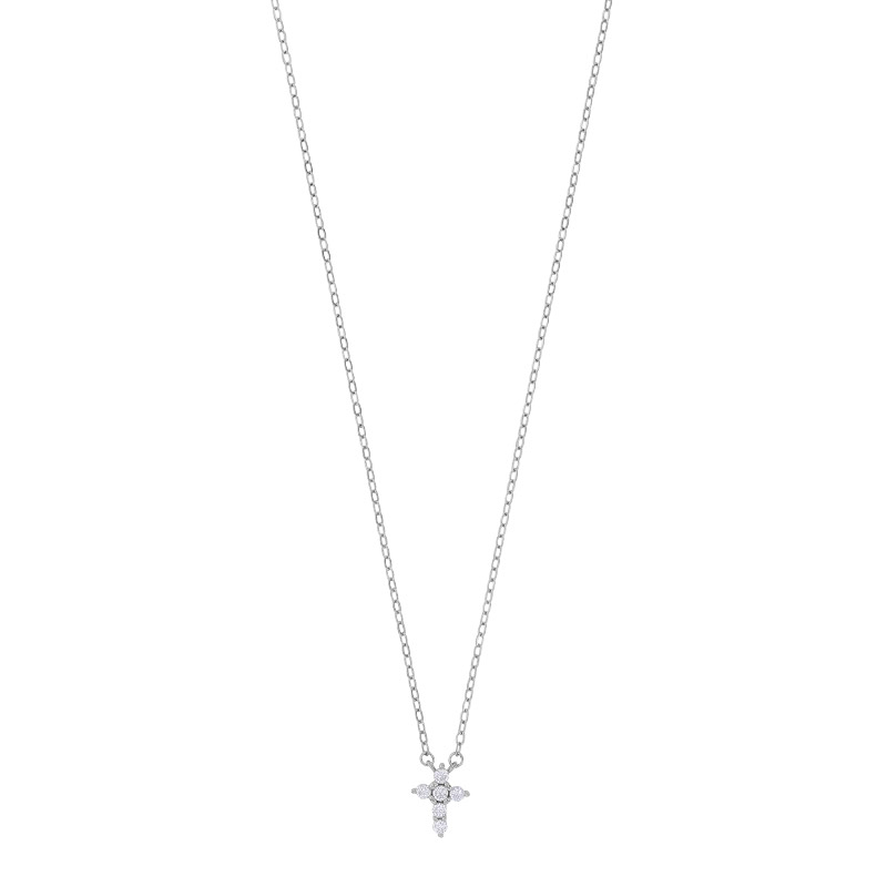 Collier petite croix ornée d'oxydes, argent 925/1000 rhodié