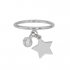 Bague LUNA en argent rhodié 925/1000 avec pampilles étoile et rond avec oxyde de zirconium