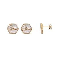 Boucles d'oreilles MADRE PERLA hexagone en Argent doré 925/1000 avec oxydes de zirconium et nacre