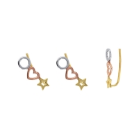 Boucles d'oreilles rond, coeur et étoile, argent doré rose et doré rhodié 925/1000