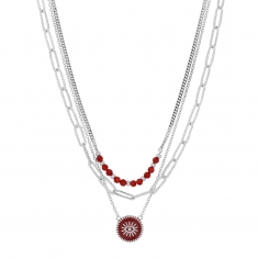 Collier 3 rangs rond oeil résine rouge, perles agate rouge, argent 925/1000 rhodié