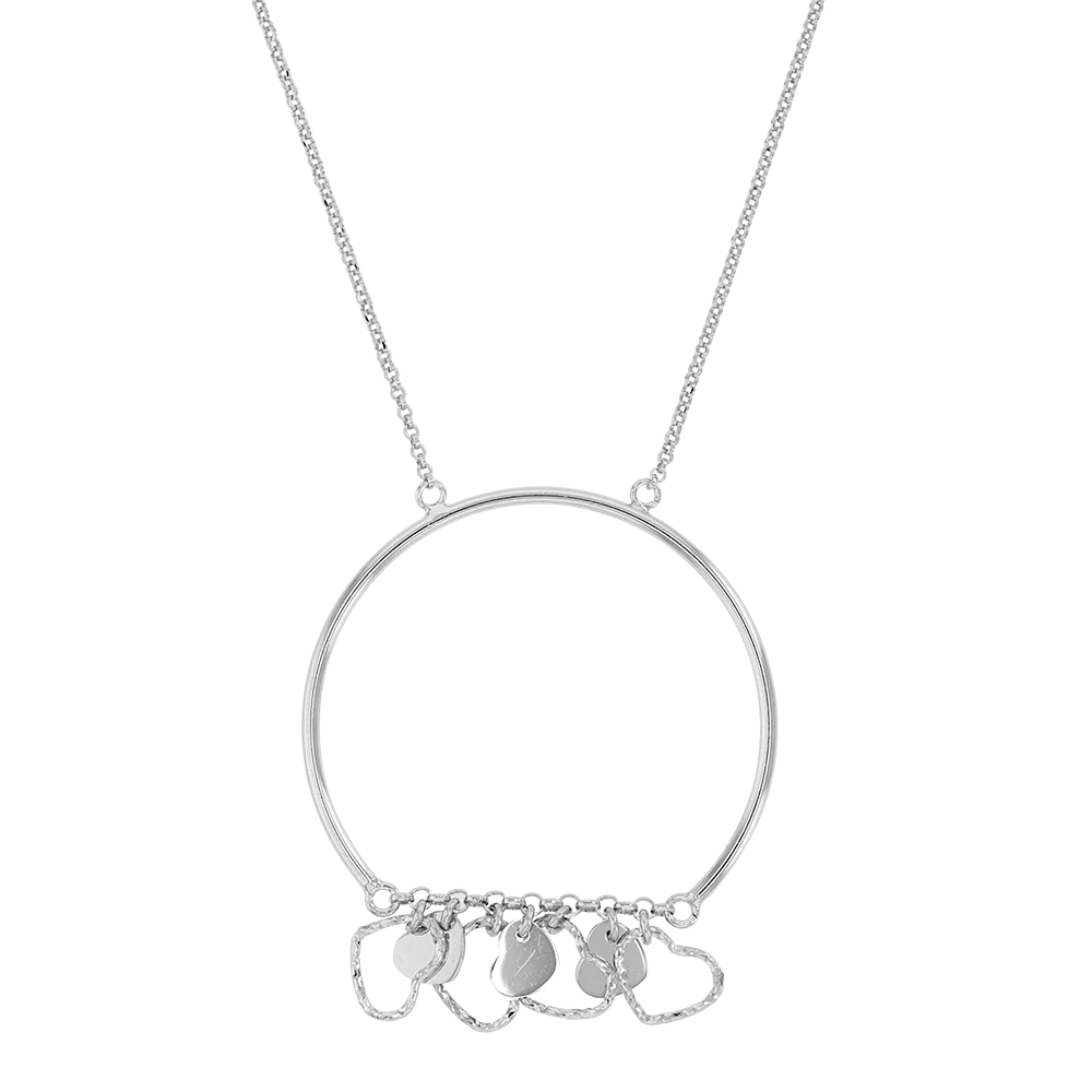 Collier argent rhodié 925/1000 cercle avec petits coeurs lisses et diamantés