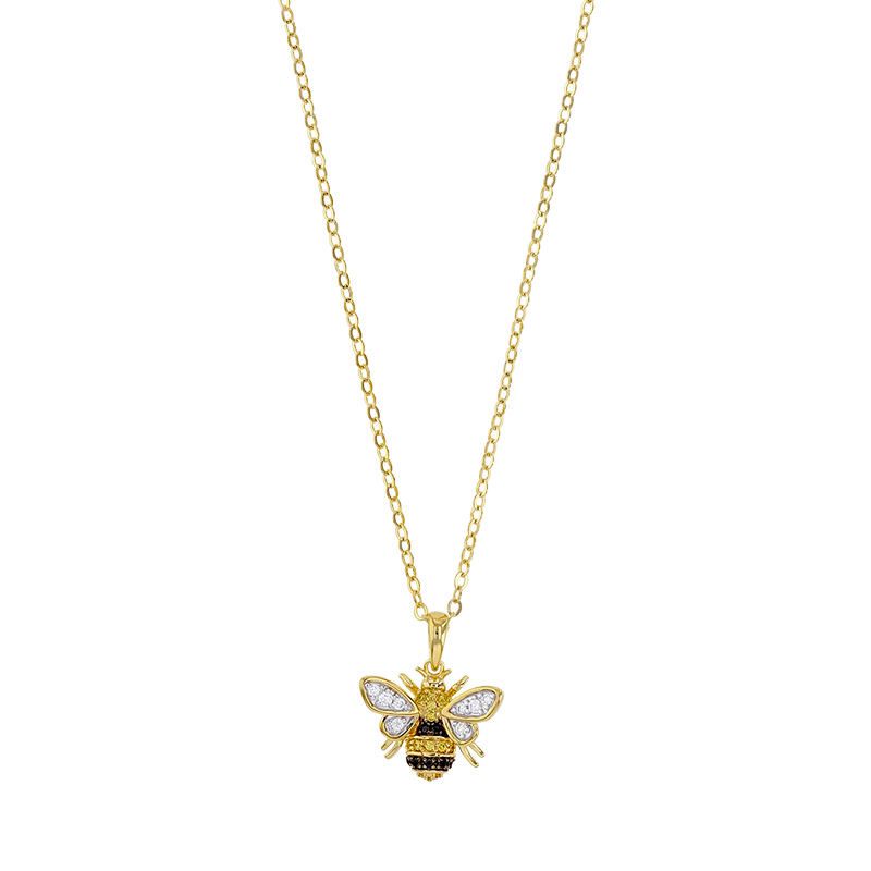 Collier abeille ornée d'oxydes blancs et de couleurs, spinelles noirs, argent 925/1000 doré
