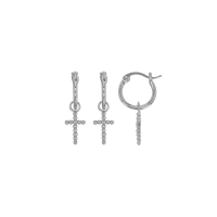 Créoles croix perlées en pampilles, argent 925/1000 rhodié