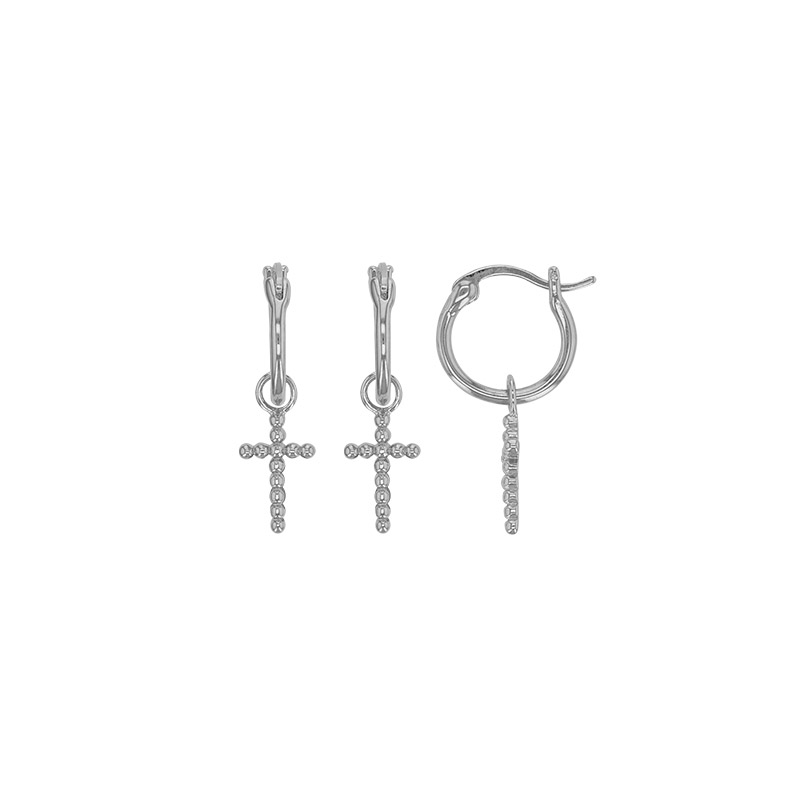 Créoles croix perlées en pampilles, argent 925/1000 rhodié