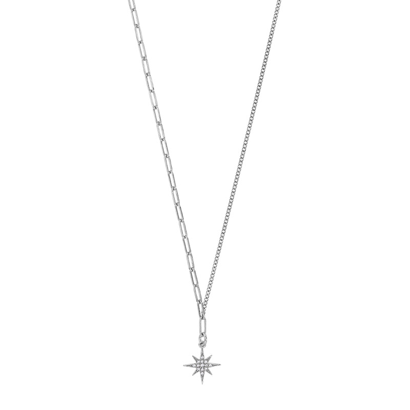 Collier étoile avec oxydes, chaîne maille rectangle et gourmette argent 925/1000 platiné