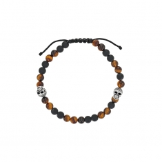 Bracelet réglable en Argent rhodié 925/1000 cordons nylon noir, agate noire et oeil de tigre