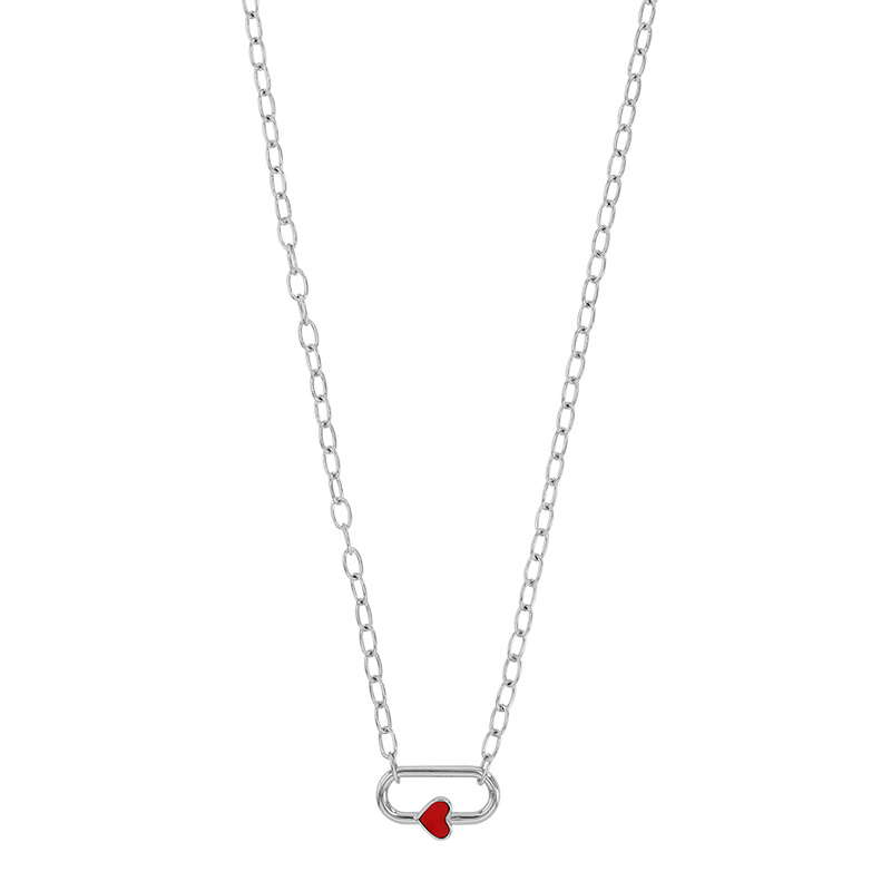 Collier ovale coeur en résine rouge, argent 925/1000 rhodié
