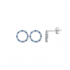 Boucles d'oreilles cercles sertis d'oxydes couleurs blancs et bleus, argent 925/1000 platiné