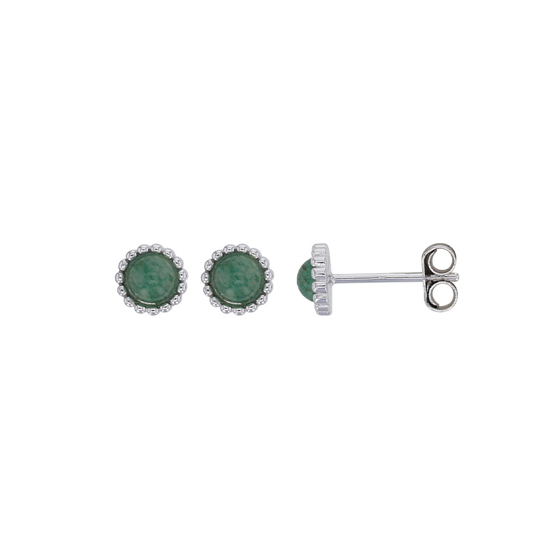 Boucles d'oreilles puces rondes perlées ornées d'une améthyste, argent 925/1000 rhodié