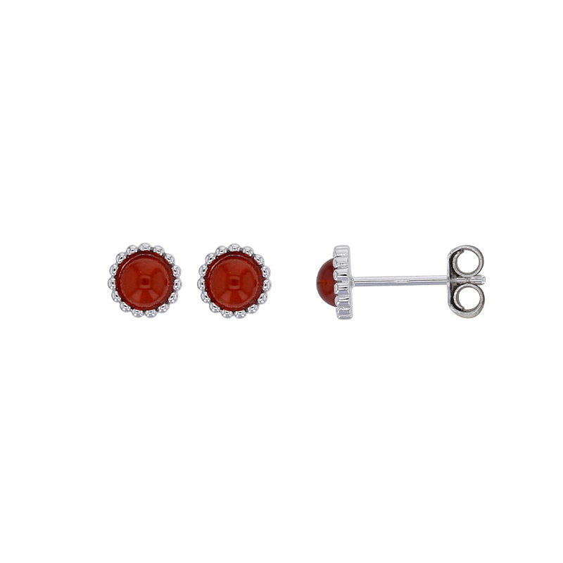 Boucles d'oreilles puces rondes perlées ornées d'une améthyste, argent 925/1000 rhodié