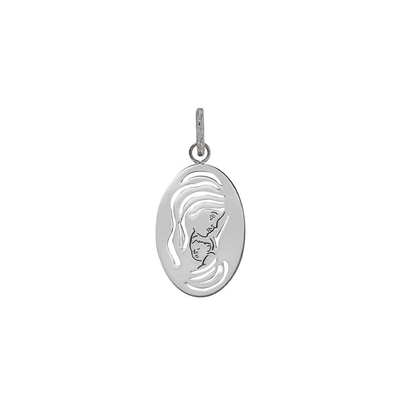 Médaille ovale Vierge à l'enfant ajourée, argent 925/1000 rhodié