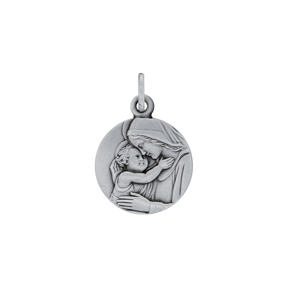 Médaille ronde en argent rhodié 925/1000 - Vierge à l'enfant