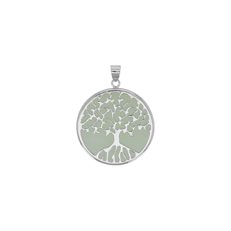Pendentif arbre de vie sur verre vert, argent 925/1000 rhodié